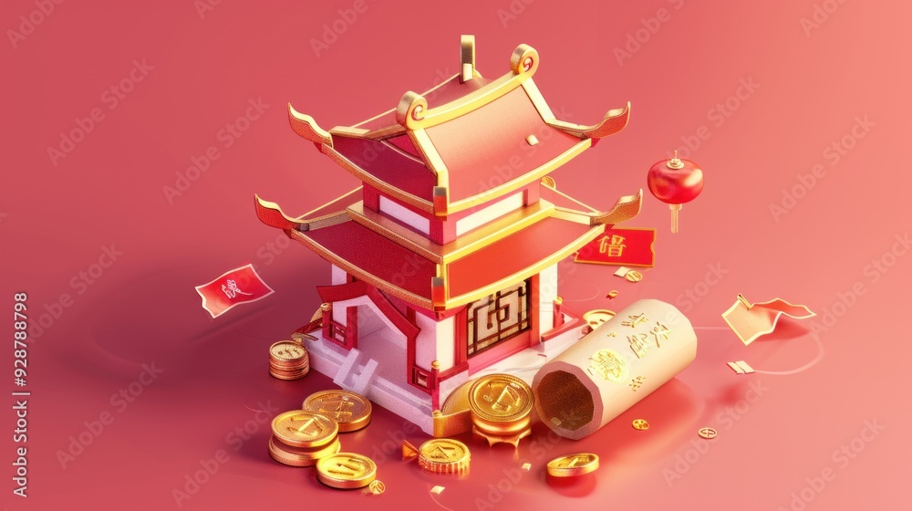 Fototapeta premium Chinese New Year Celebration with Pagoda and Gold Coins