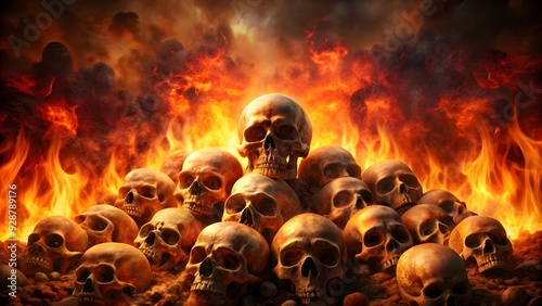Purgatory inferno with skulls in a mysterious and eerie setting, death, afterlife, spooky, demonic, evil, underworld, darkness