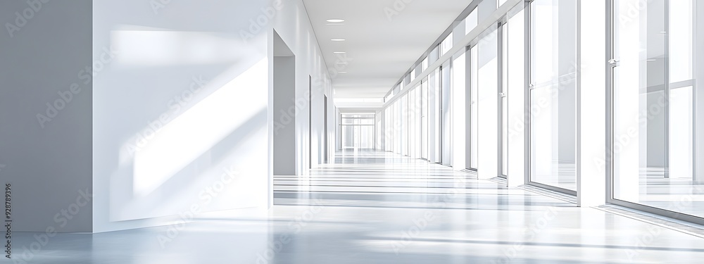 Obraz premium Modern white office interior, a long corridor with windows and light from the windows, photorealistic landscapes, architectural photography, bright white walls, glossy floor tiles, high ceilings, mini