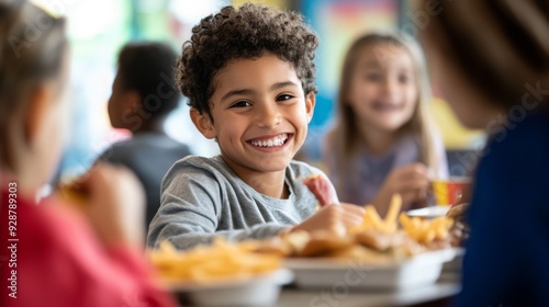 A joyful boy smiles at the camera while seated among friends, sharing a meal with fries and sandwiches in a school cafeteria.