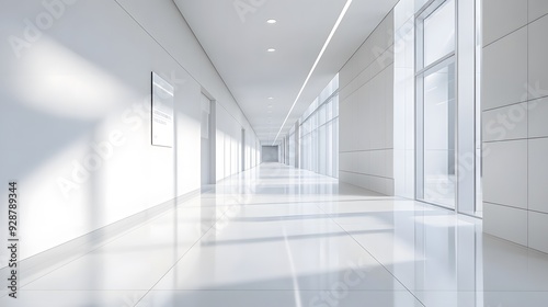Modern white office interior, a long corridor with windows and light from the windows, photorealistic landscapes, architectural photography, bright white walls, glossy floor tiles, high ceilings, mini