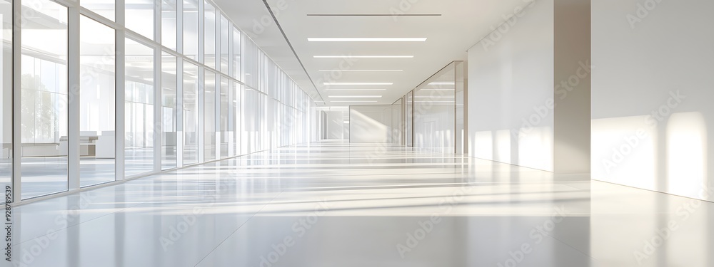 Modern white office interior, a long corridor with windows and light from the windows, photorealistic landscapes, architectural photography, bright white walls, glossy floor tiles, high ceilings, mini Modern white office interior, a long corridor with windows and light from the windows, photorealistic landscapes, architectural photography, bright white walls, glossy floor tiles, high ceilings, mini