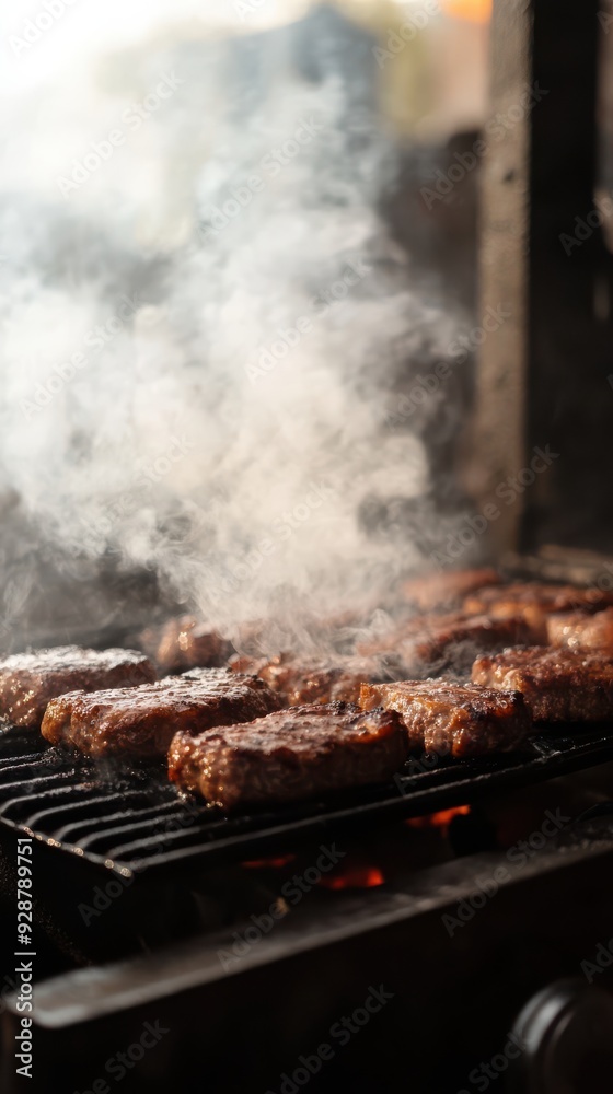 A grill is cooking meat and the smoke is rising A grill is cooking meat and the smoke is rising