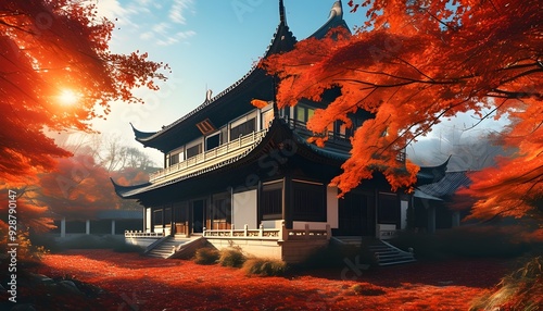 The ancient buildings surrounded by red maples look particularly charming in the autumn sun.