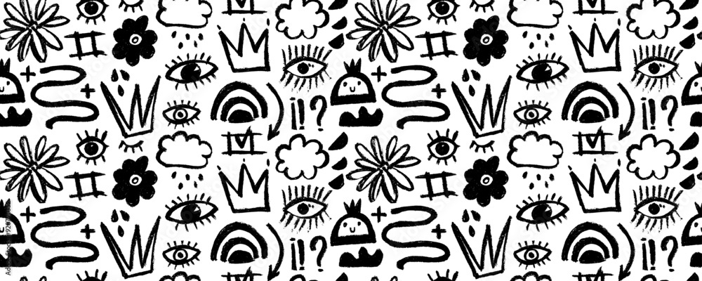 Vector seamless pattern with charcoal graffiti doodle punk and girly shapes. Hand drawn seamless pattern background with scribbles, squiggles and flowers, crown, eyes, curly lines. Vector seamless pattern with charcoal graffiti doodle punk and girly shapes. Hand drawn seamless pattern background with scribbles, squiggles and flowers, crown, eyes, curly lines.