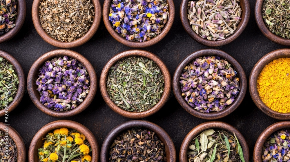 A row of wooden bowls filled with various herbs and spices A row of wooden bowls filled with various herbs and spices