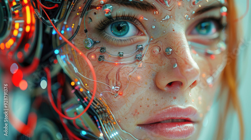 cyborg, futuristic, fullshot, upperbody, surrealistic, rainbow-color, cyborg head, human head, flashy, gorgeous, strong colors, attractive, woman brain have a lot of cables and wires, photorealistic,  photo