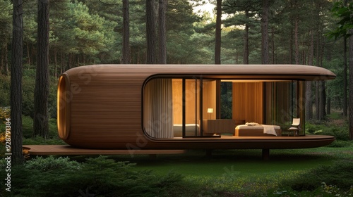 A distinctive house crafted from wooden shovels overlooks a misty forest, offering round balconies and warm lights in the early morning glow