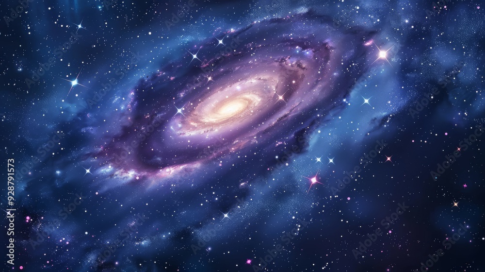 Cartoon vector galaxy with swirling stars and cosmic dust