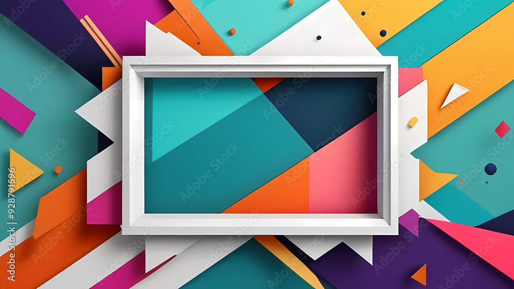 A colorful abstract background with a translucent rectangular frame in the center, surrounded by scattered geometric elements and light reflections A colorful abstract background with a translucent rectangular frame in the center, surrounded by scattered geometric elements and light reflections