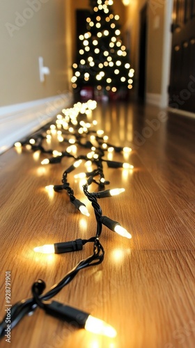 Twinkling lights create a cozy path down the hallway toward an illuminated Christmas tree