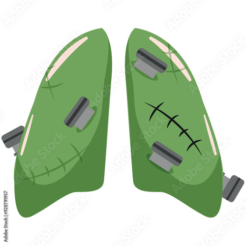 icon for Halloween green lungs of Frankenstein monster with scars and bolts, vector