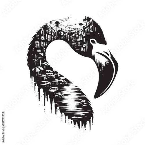 silhouette of Flamingo filled with ghetto street in rough drawing