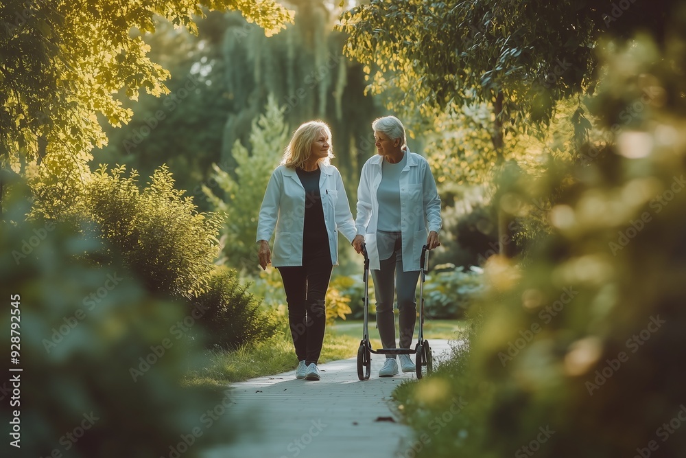 Female caregiver and senior woman with walker on walk in nature Female caregiver and senior woman with walker on walk in nature