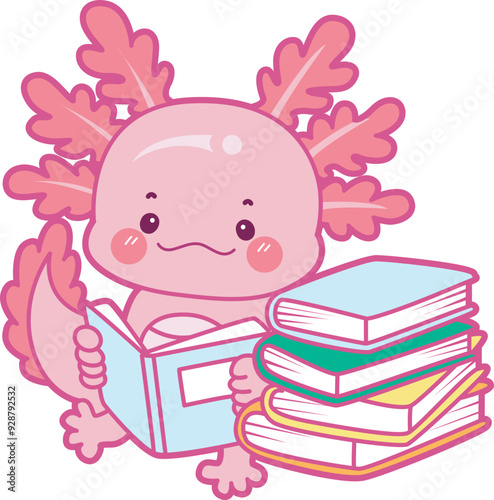 Illustration of cute axolotl activities icon.
Funny pink axolotl in daily routine stickers.