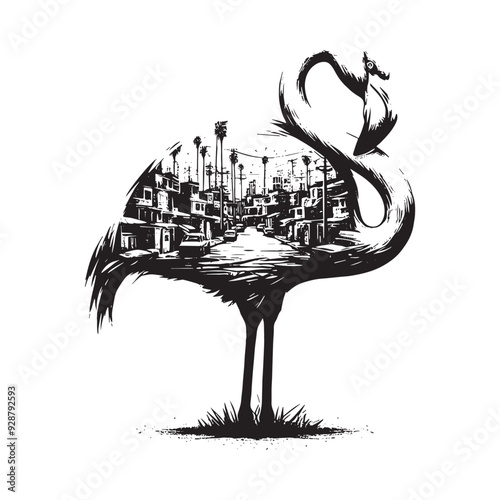 silhouette of Flamingo filled with ghetto street in rough drawing