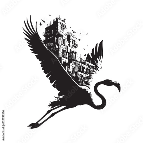 silhouette of Flamingo filled with ghetto street in rough drawing