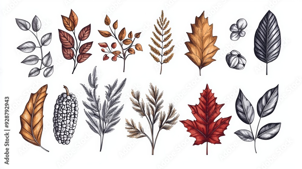 A collection of leaves, including maple, oak, and birch A collection of leaves, including maple, oak, and birch