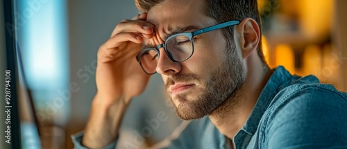 A professional with eye strain, squinting at a bright computer screen, office syndrome symptoms