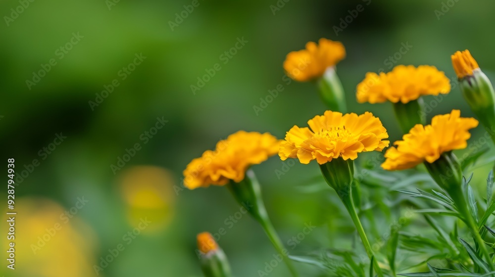 A bunch of yellow flowers are in a green field A bunch of yellow flowers are in a green field