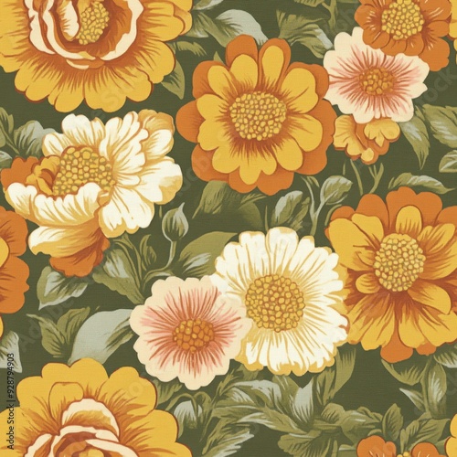 Wallpaper Mural Vintage Floral Pattern with Yellow and Orange Blooms on Green Background Torontodigital.ca