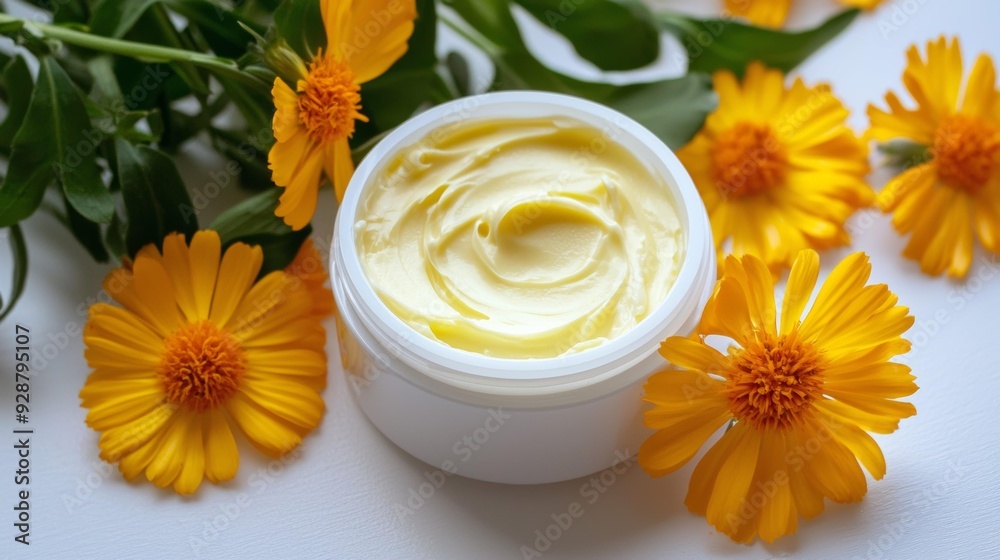 A jar of lotion sits on a table next to a bunch of yellow flowers A jar of lotion sits on a table next to a bunch of yellow flowers