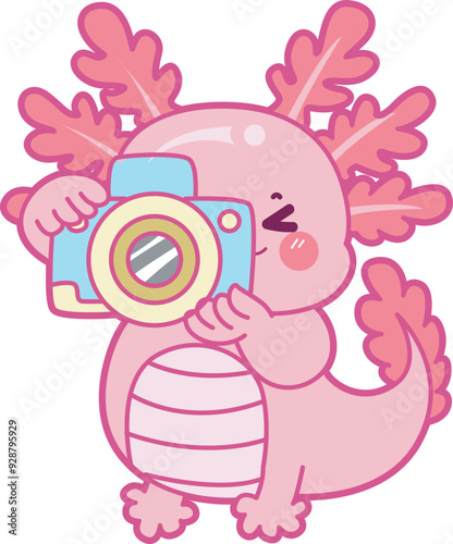 Illustration of cute axolotl activities icon.
Funny pink axolotl in daily routine stickers.