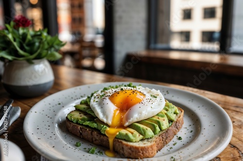 Urban cafe brunch with avocado toast and poached eggs, food photo