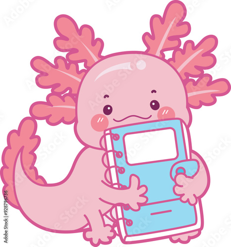 Illustration of cute axolotl activities icon.
Funny pink axolotl in daily routine stickers.