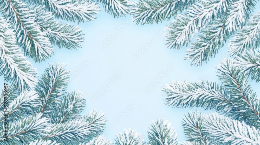 Winter Wonderland: Frosty Pine Branches Encircle Snowy Blue Background Winter Wonderland: Frosty Pine Branches Encircle Snowy Blue Background