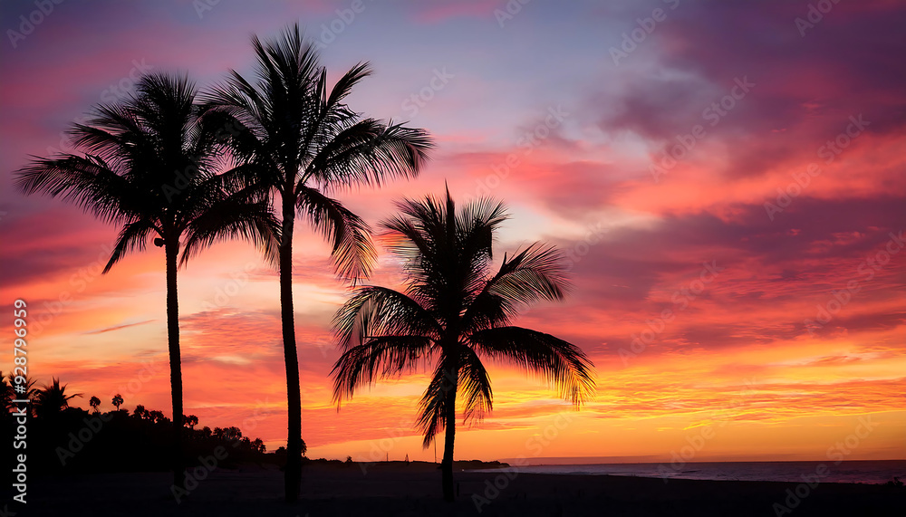 three palm trees silhouetted vibrant pink orange sunset sky three palm trees silhouetted vibrant pink orange sunset sky