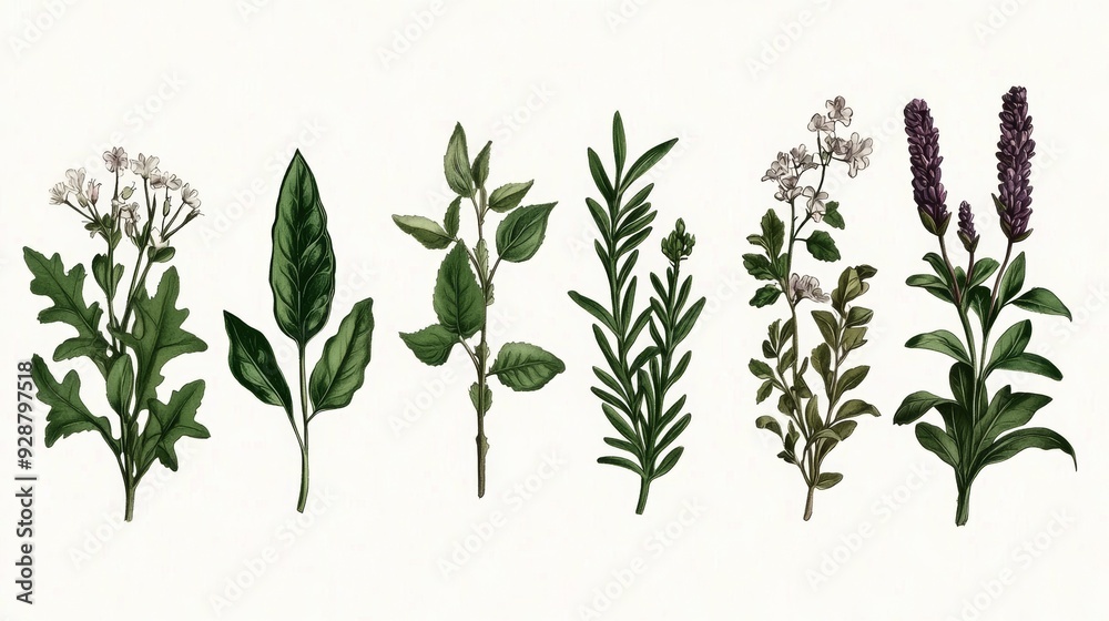 A collection of different plants and herbs are shown in a row A collection of different plants and herbs are shown in a row