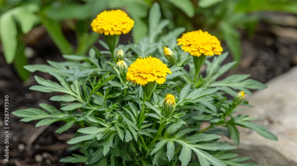 A yellow flower with green leaves is in a pot A yellow flower with green leaves is in a pot