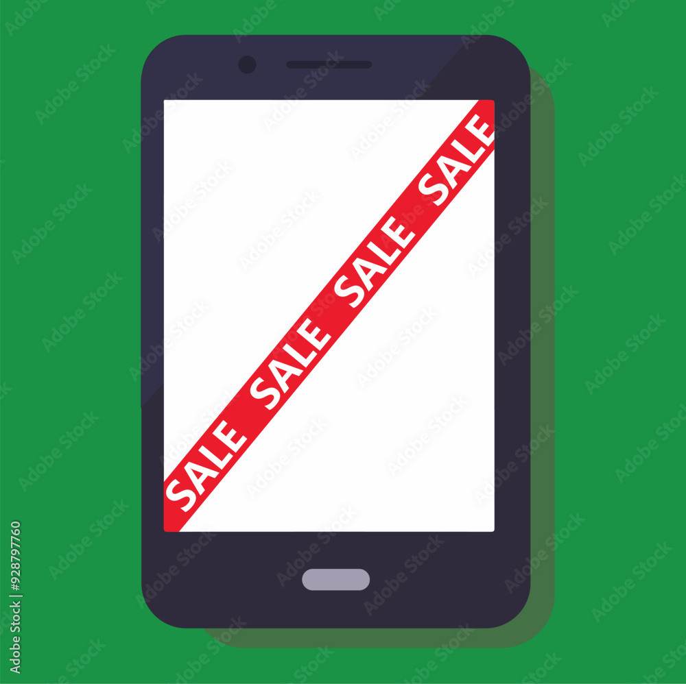 Smartphone with Diagonal Red Sale Banner on Green Background Smartphone with Diagonal Red Sale Banner on Green Background