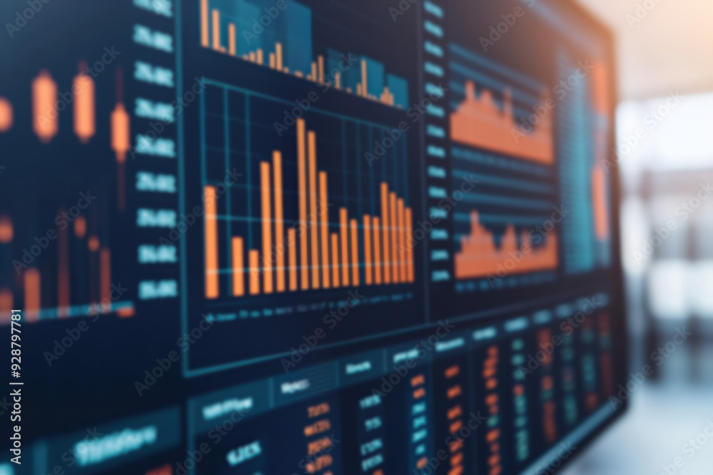 Close-up of computer screen displaying colorful graphs and charts with financial data in a modern office setting, showing economic analysis. Close-up of computer screen displaying colorful graphs and charts with financial data in a modern office setting, showing economic analysis.