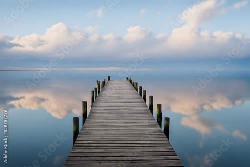 A calm sea with a wooden pier extending into the water with reflections of the sky on the surface, Ai Generated