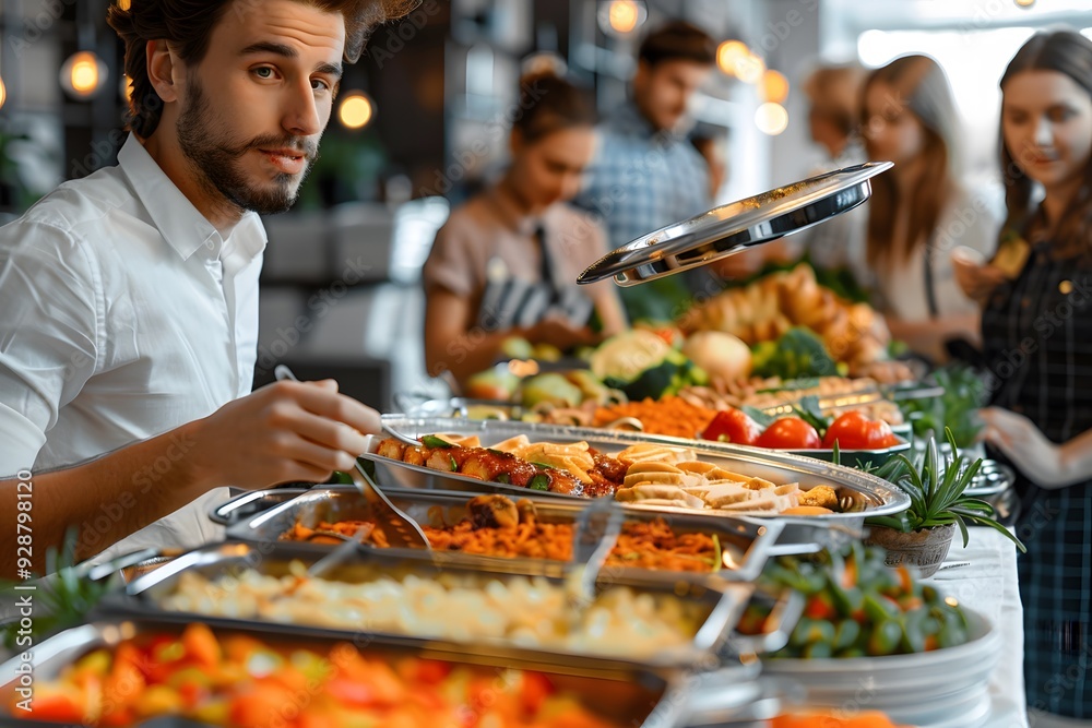 A Vibrant Buffet Experience with Delicious Dishes and Engaged Diners