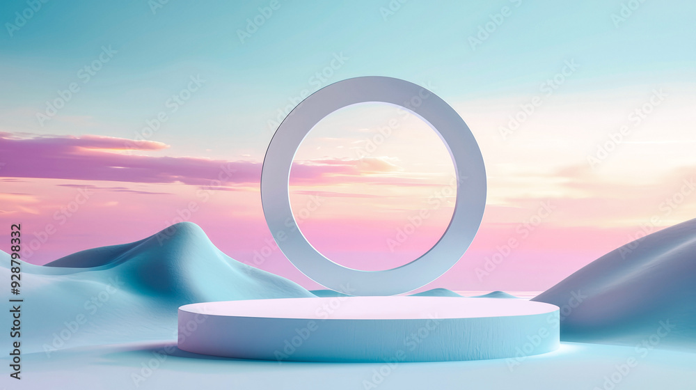 Minimalist surreal landscape featuring a pastel circular platform with soft hills and a pink sunset sky, creating a dreamy, futuristic atmosphere. Minimalist surreal landscape featuring a pastel circular platform with soft hills and a pink sunset sky, creating a dreamy, futuristic atmosphere.