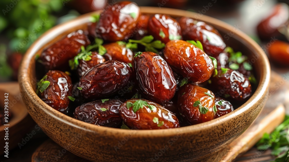Bowl of fresh red dates on a wooden table