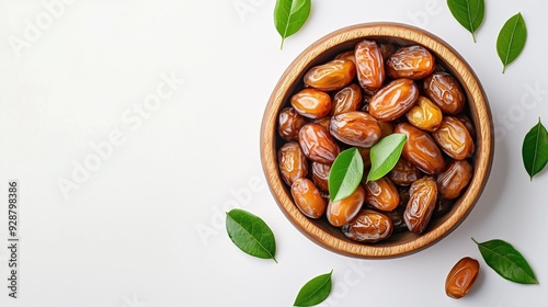 Bowl of dried dates with green leaves on a white background