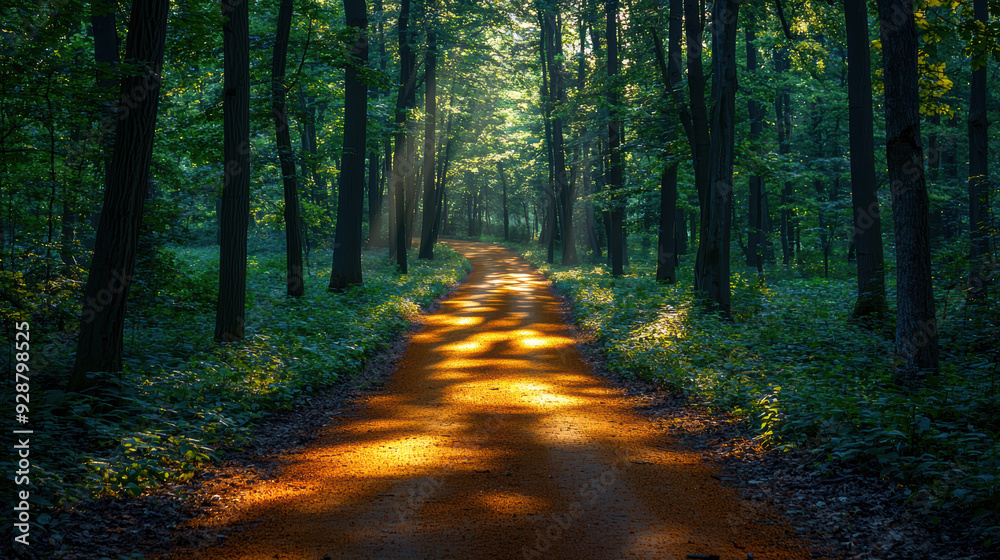 Sunlit forest path illuminated by golden rays, bordered by lush green foliage, creating a serene and picturesque natural landscape. Sunlit forest path illuminated by golden rays, bordered by lush green foliage, creating a serene and picturesque natural landscape.
