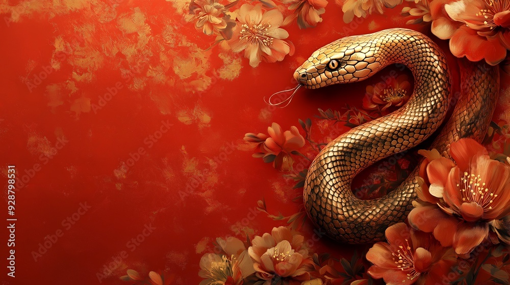 Golden snake curled around red flowers on textured red background. Golden snake curled around red flowers on textured red background.