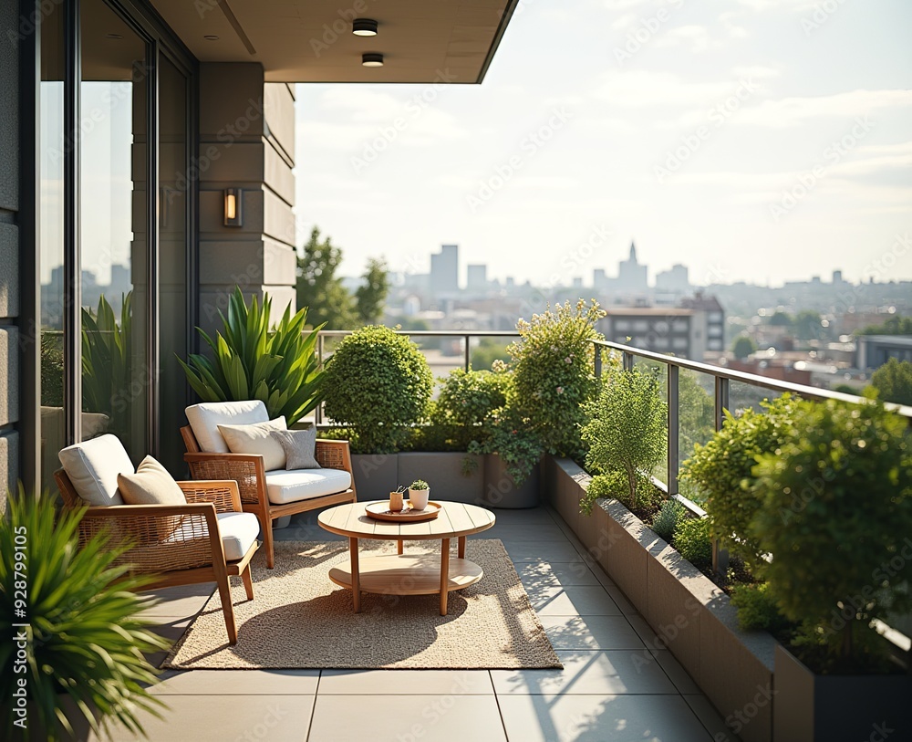 Sunny Modern Balcony with City View, Coffee Table, and Green Plants Sunny Modern Balcony with City View, Coffee Table, and Green Plants