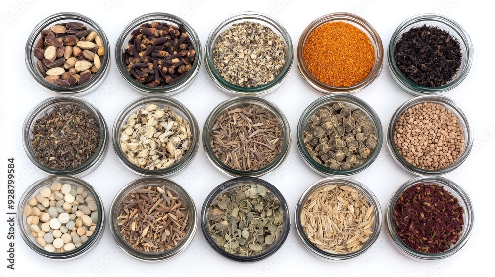 A collection of spices in small bowls arranged in a row A collection of spices in small bowls arranged in a row