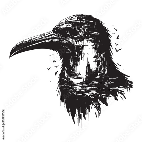 silhouette of Frigatebird filled with destroyed futuristic dystopia environment in rough drawing