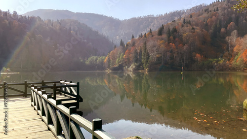 Karagöl, Borçka, Artvin, Turkey - 14 October 2021. Autumn view from Karagöl in Borçka district of Artvin province. Borcka Karagol Nature Park. The forest scene reflected in the still lake.