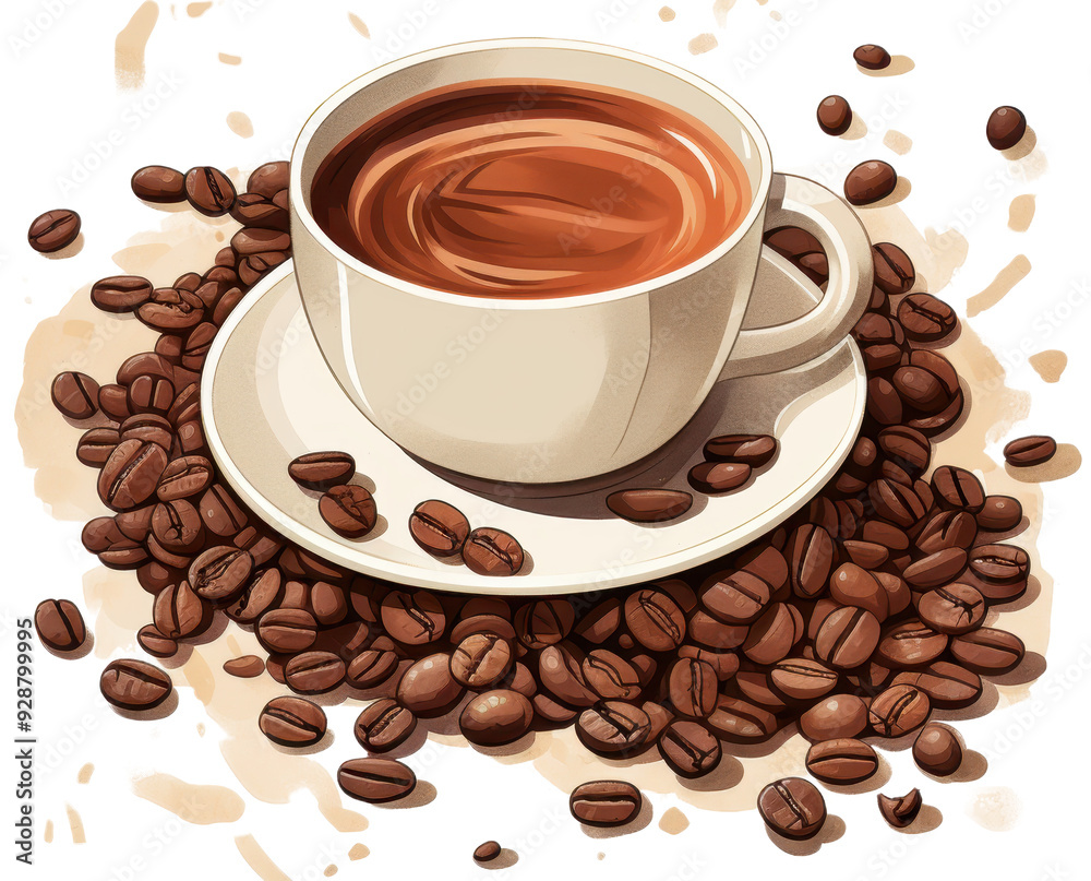 Obraz premium Coffee cup surrounded by scattered roasted coffee beans