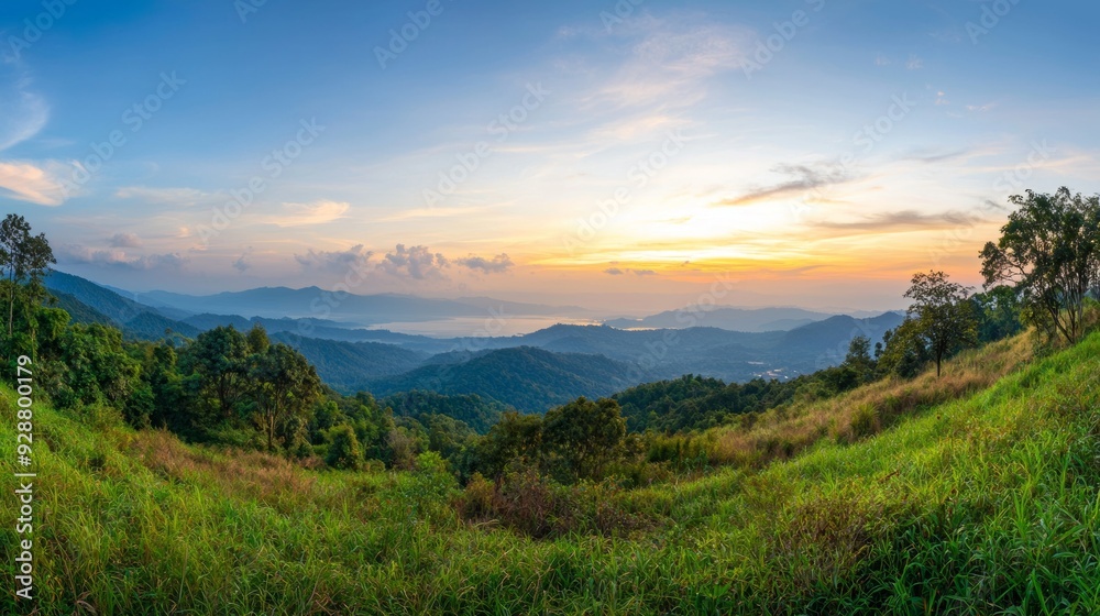 A beautiful mountain landscape with a lake in the distance A beautiful mountain landscape with a lake in the distance