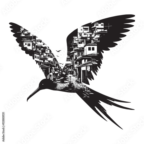 silhouette of Frigatebird filled with ghetto street in rough drawing