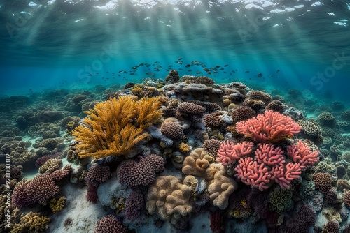 Wallpaper Mural An underwater view of a coral reef with vibrant corals and a variety of marine life swimming around, AI Generated Torontodigital.ca